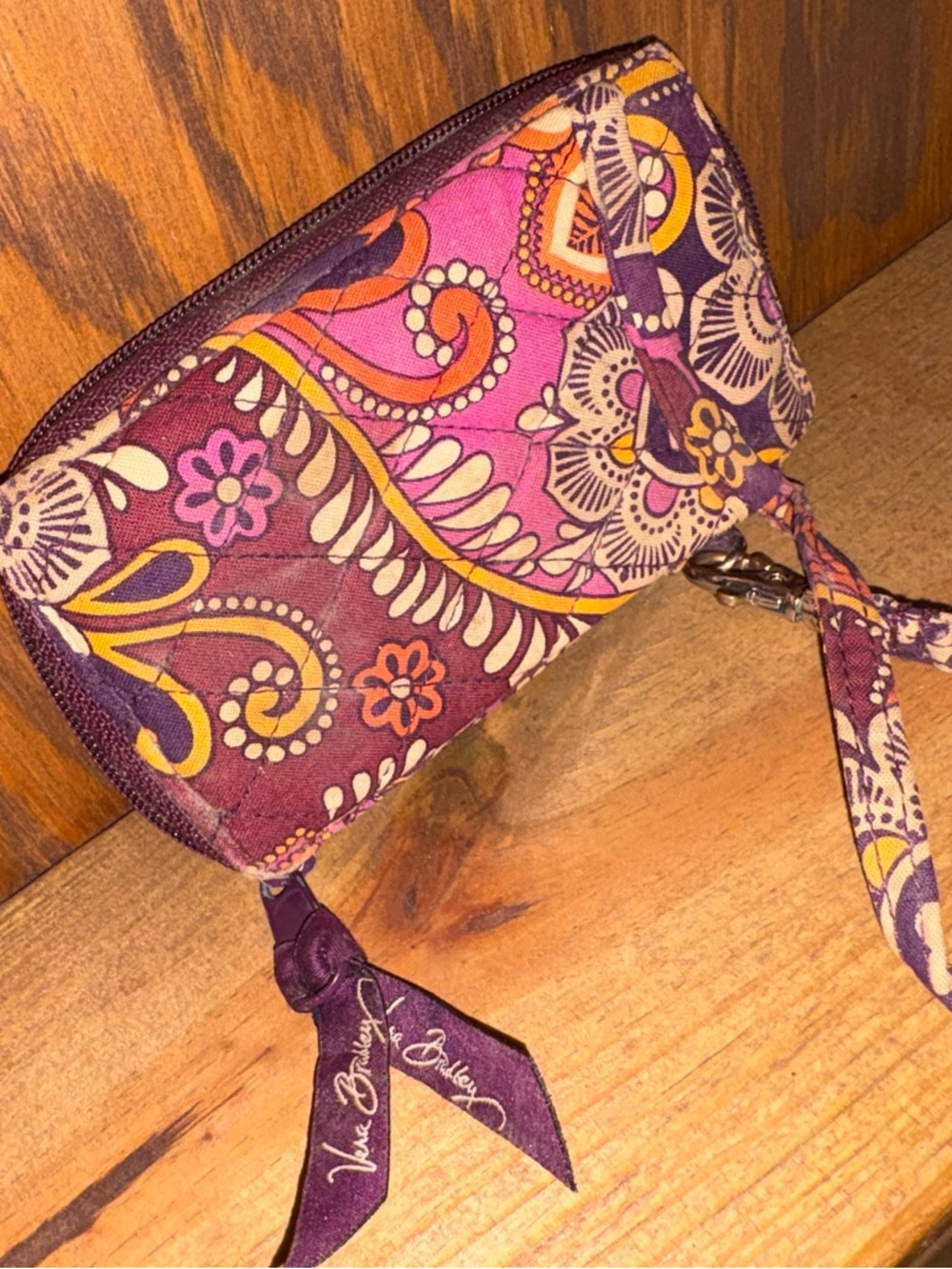 Vera Bradley Purple Paisley Quilted Wristlet with Pink & Yellow Accents